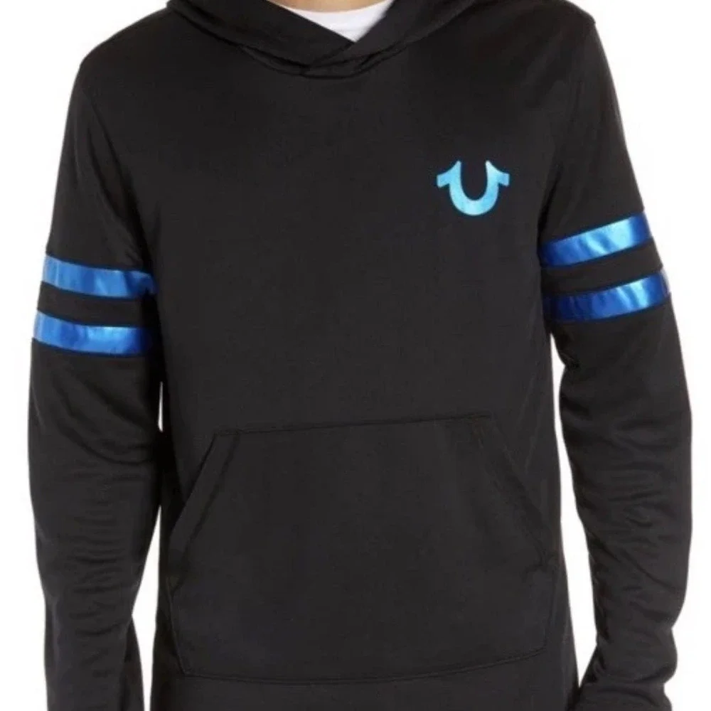 Mens True Religion Hoodie Black With Metallic Blue Accents Size L